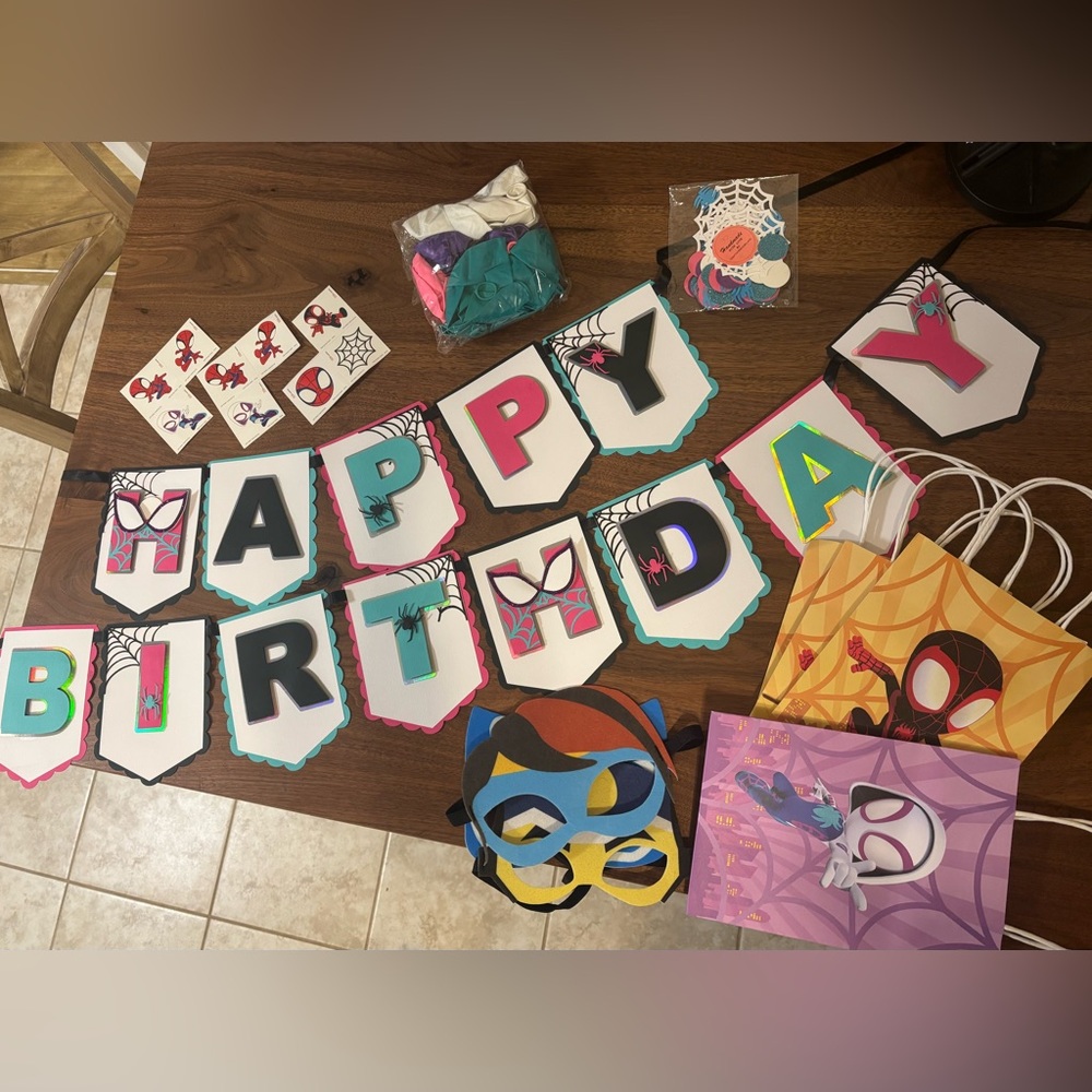 HANDMADE Ghost spider birthday decorations- Gwen banner, confetti, balloons